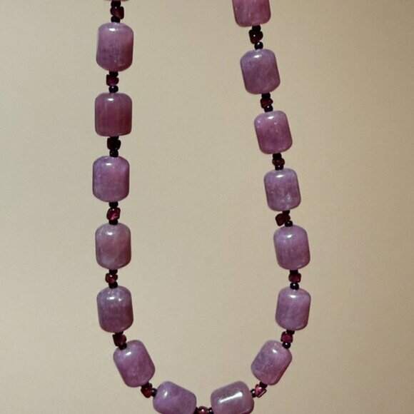 Purple Chalcedony Garnet Matinee Necklace, Genuine Gemstone Beaded Necklace - Picture 10 of 15